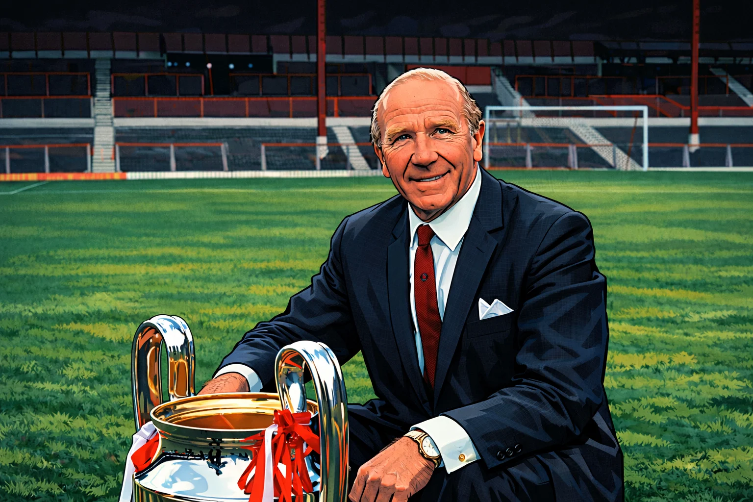 Matt Busby lifting the European Cup 10 years after the disaster