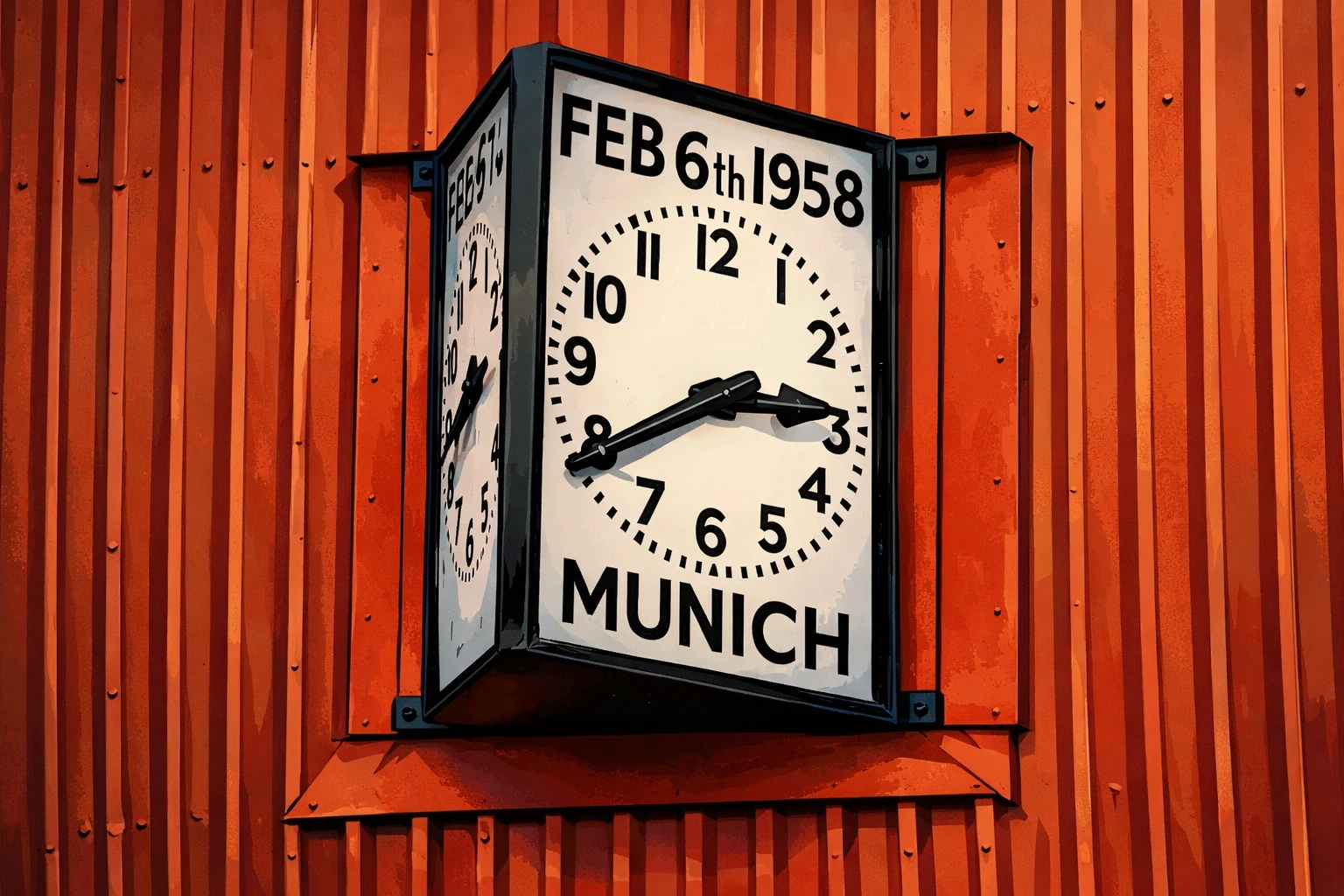 The Munich Clock at Old Trafford, forever stopped at the time of the crash