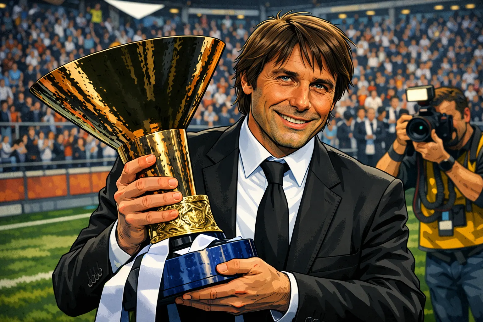 Antonio Conte lifting the first of nine consecutive Scudetti