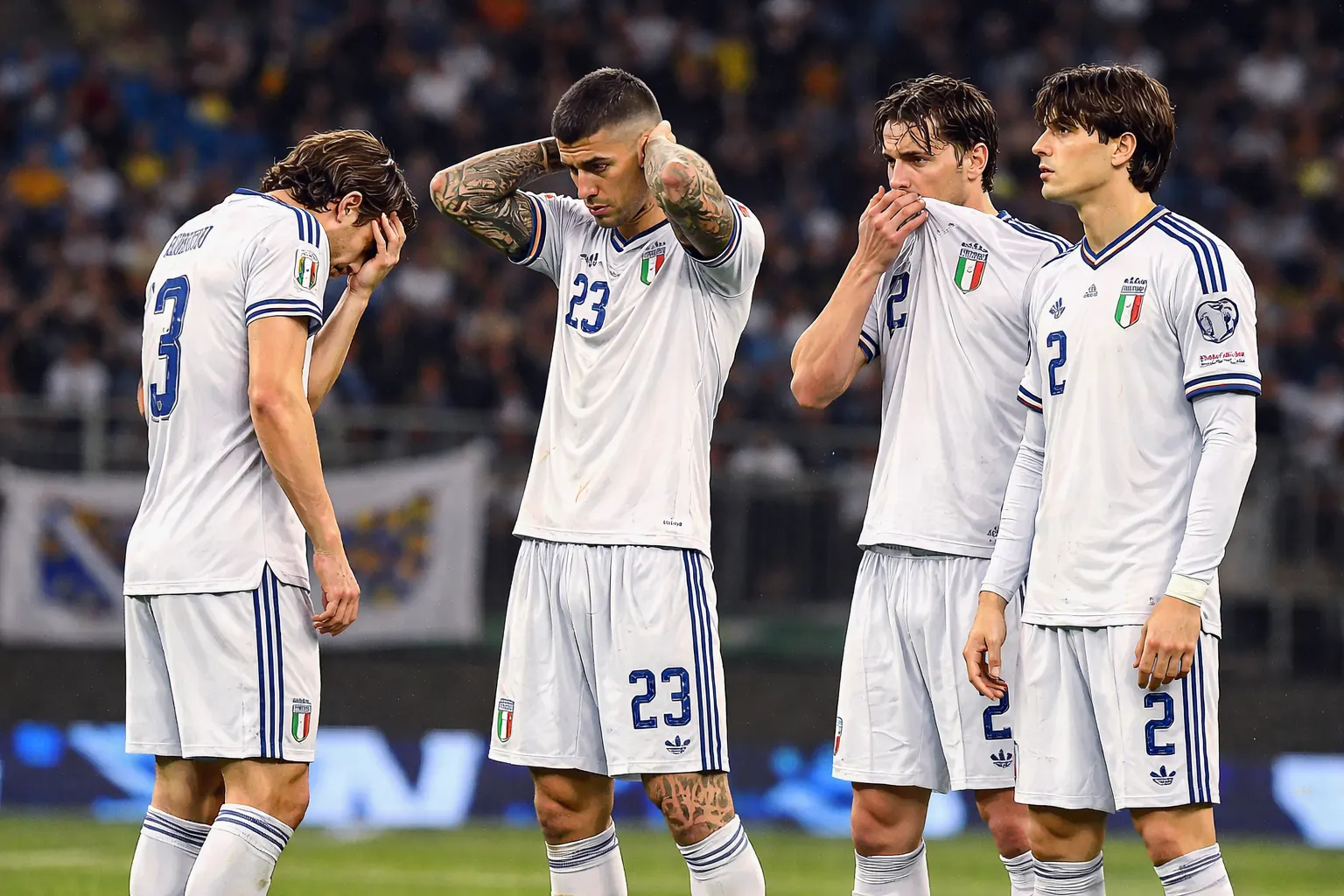 Italy players after the decisive World Cup 2026 qualification defeat in Sarajevo against Bosnia — a scene that has become painfully familiar